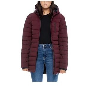 Moose Knuckles Red Puffer Jacket with Hood and Quilted Design